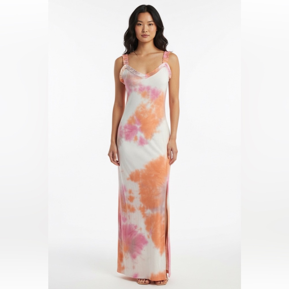 Haute Monde Maxi Dress Ribbed Bodycon Slit Stretchy Sexy Tie-Dye Orange Pink MD